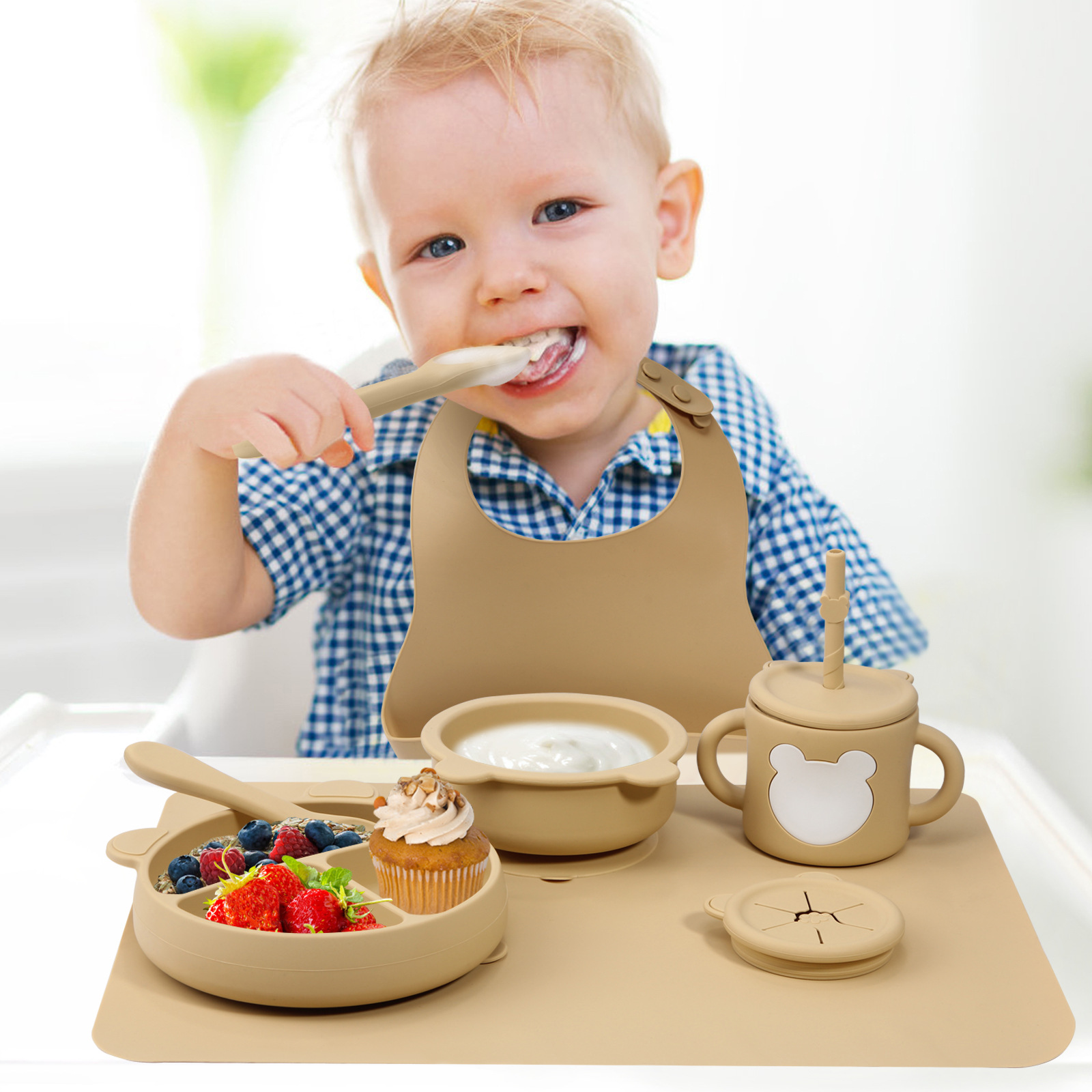 Wholesale of baby silicone bear bowl and tableware sets, fda children's easy-to-wash complementary food bowl and plate sets and tableware wholesale full figure