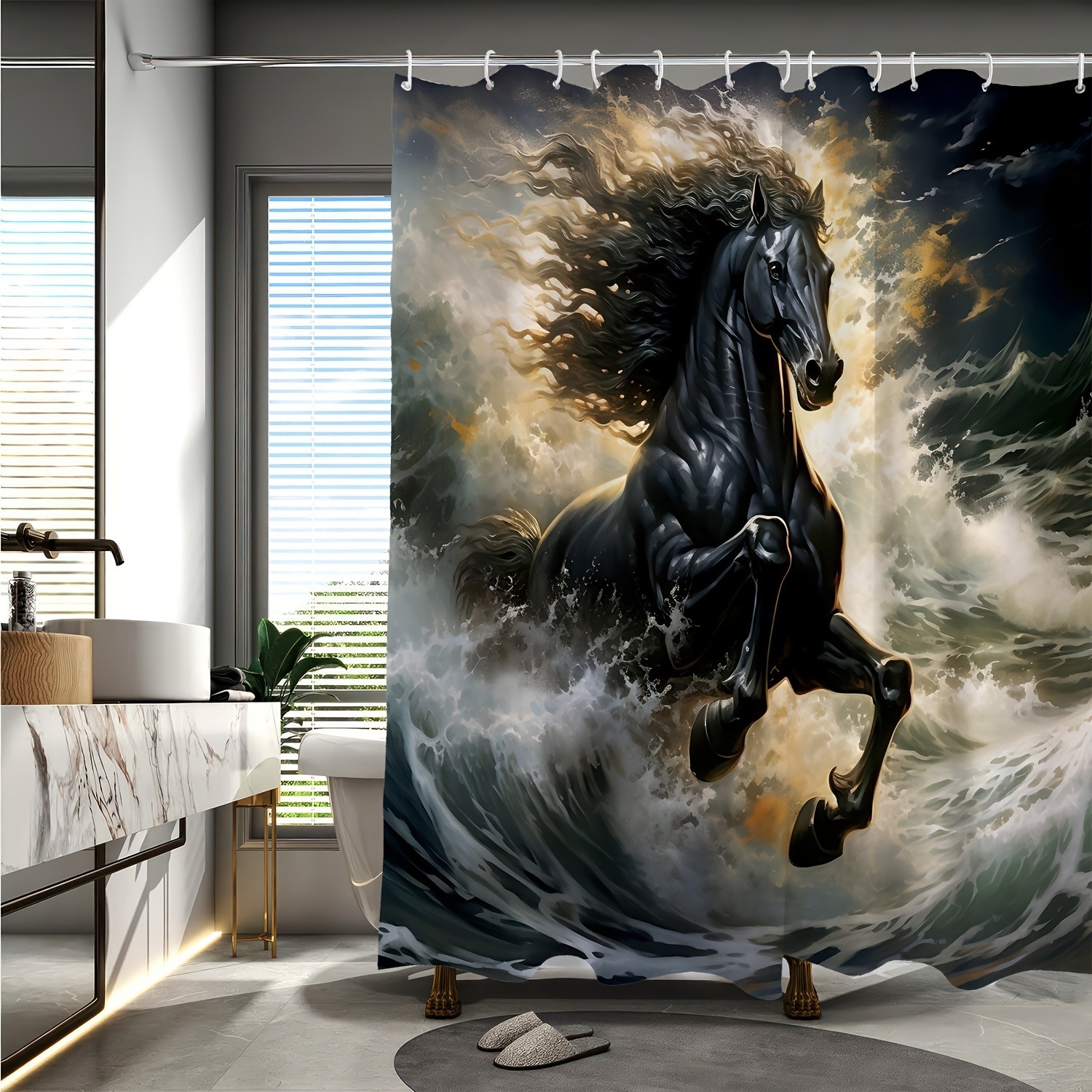 SHEIN跨境电商黑色骑马波浪印花浴帘可机洗涤纶面料美国欧洲北美