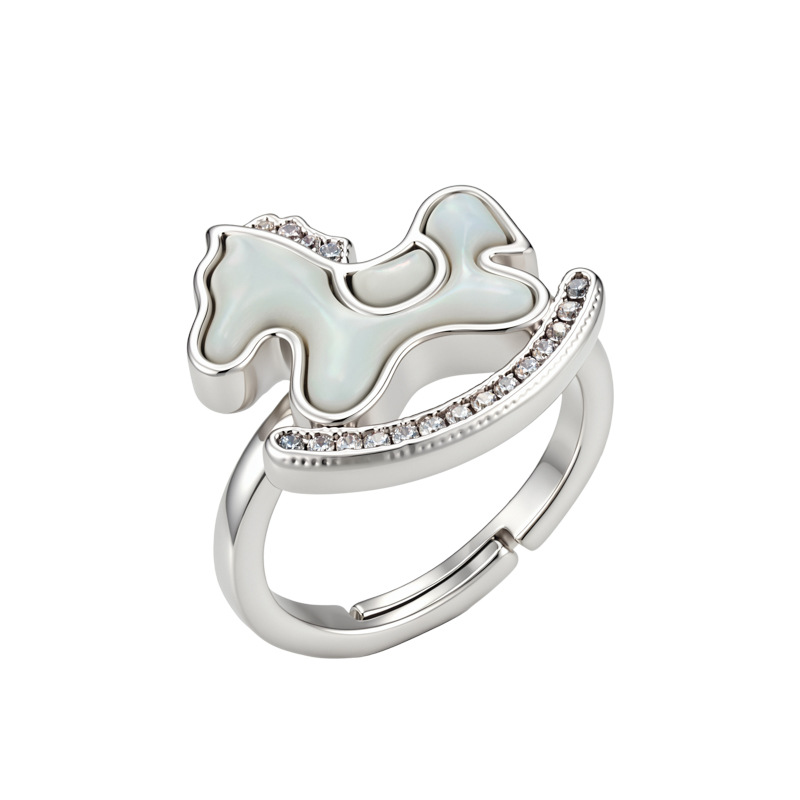 Cute and childlike natural mother-of-pearl horse opening ring, copper alloy micro-inlaid zircon adjustable index finger ring, women's ring Item Picture