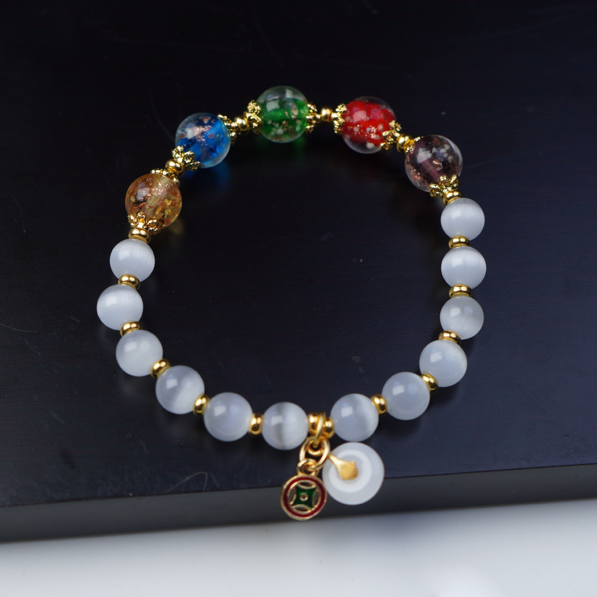 National trend cat's eye stone peace pendant beaded bracelet for women, a niche and high-end style, incense ash gold foil glass bracelet for bringing wealth and peace