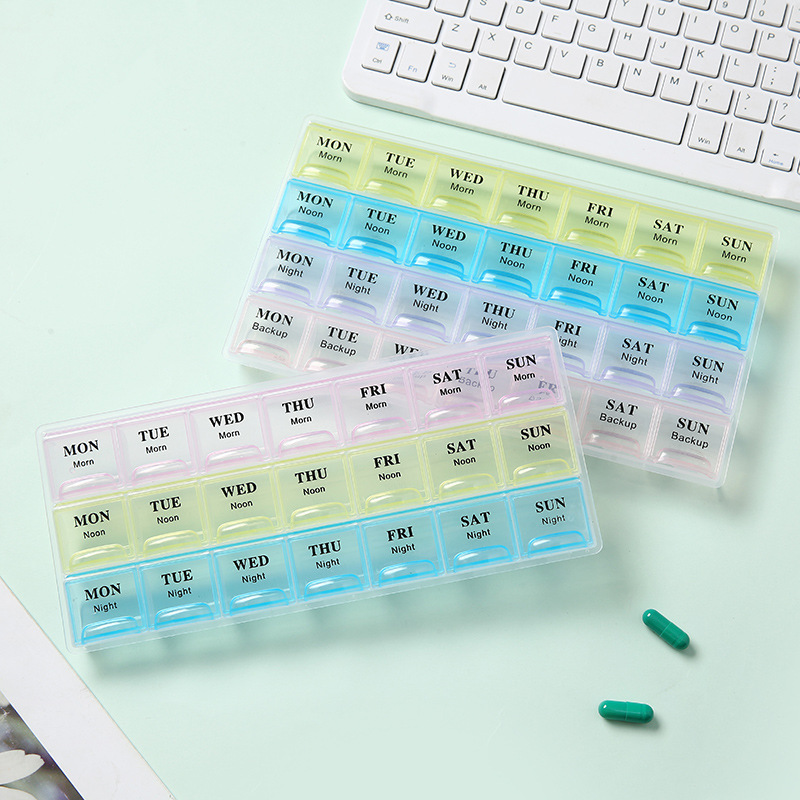 3排21格翻盖式七彩21格药盒便携式塑料药盒白底实物图