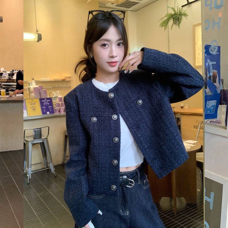 Navy blue short chanel-style coat for women, a new single-breasted retro high-end loose long-sleeved top for autumn and winter 2025 details Picture