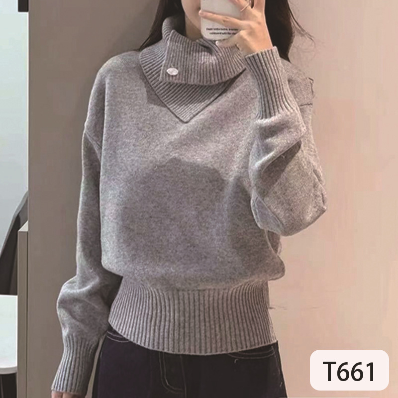 不规则斜角翻边高领针织毛衣女秋冬新款气质通勤软糯宽松打底上衣