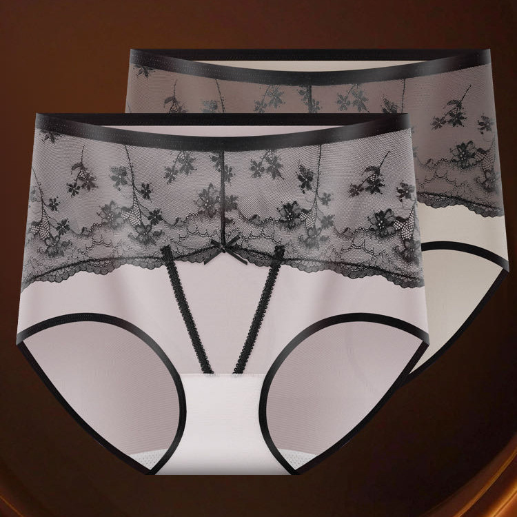 Large-sized, light luxury French sexy lace underwear for women, mid-waist transparent mesh fabric, skin-friendly, soft and seamless triangular shorts