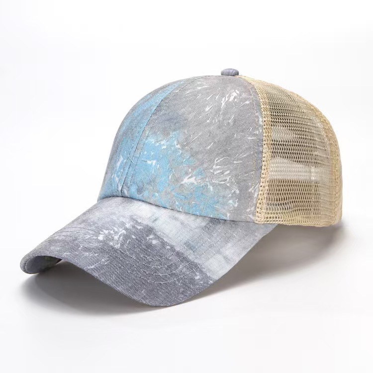 National trendy primavera verano nueva moda multicolor tie dye estampado transpirable malla gorra de béisbol sombrero de pato sombrero de sol visera Specification image