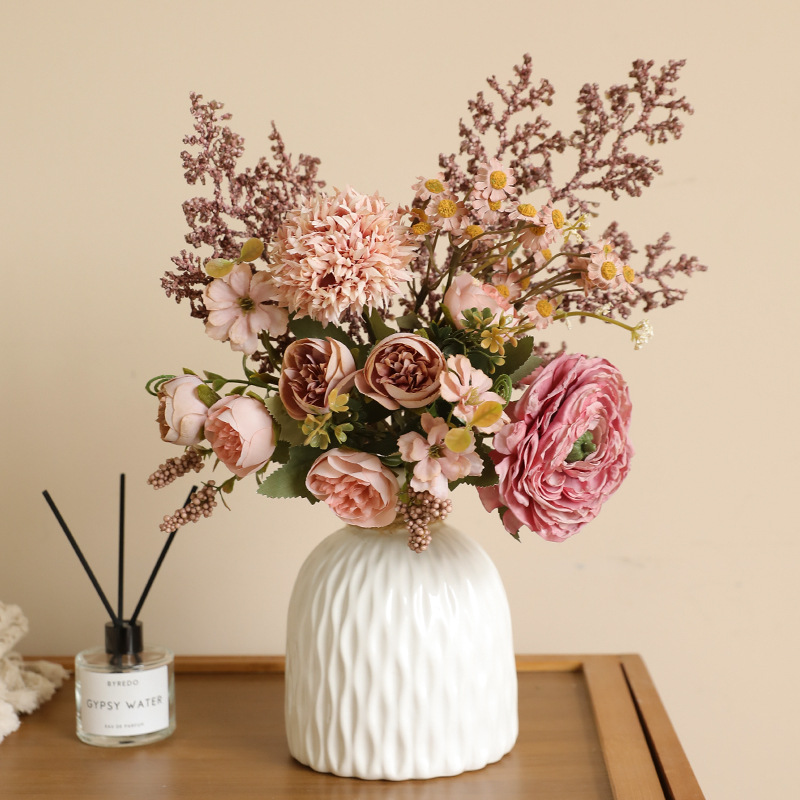 焦边露莲情人草假花花束成品仿真花 复古家居装饰干花花束高级感