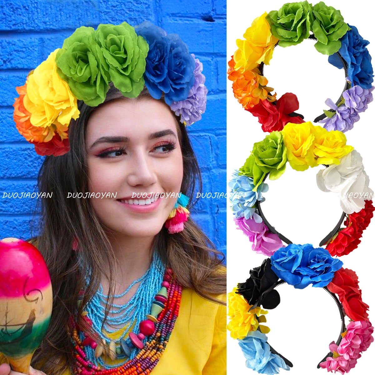 The new cross-border flower headband, featuring colorful and realistic flowers, is a high-end hair accessory with a high top of the head. It is a carnival style headband for women full figure