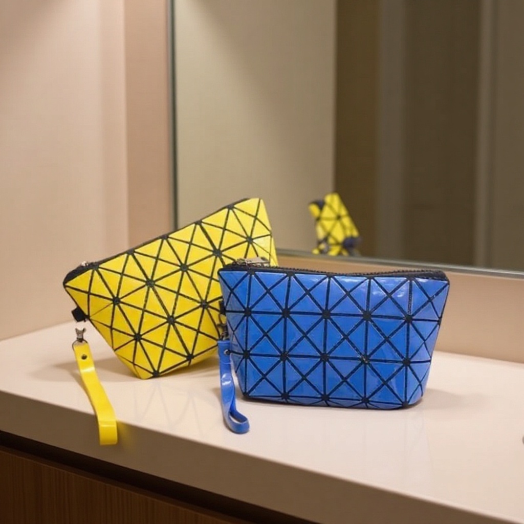 The new portable hand-held makeup bag from INS features a large-capacity travel geometric diamond-shaped versatile folding hand-held wallet for women