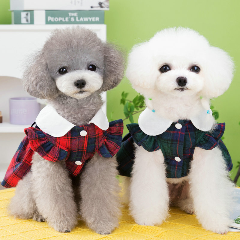 New spring and summer casual teddy bichon Frise puppy clothes featuring artistic checked skirt clothing for pet dogs and cats