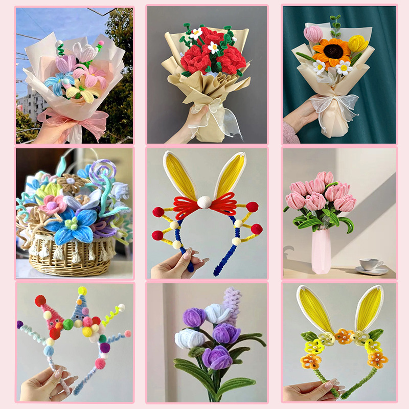 Wholesale of diy material kits for macaron-colored twisty rods, simulated plush and wool strips, folding rods, and twisty rod material flowers details Picture