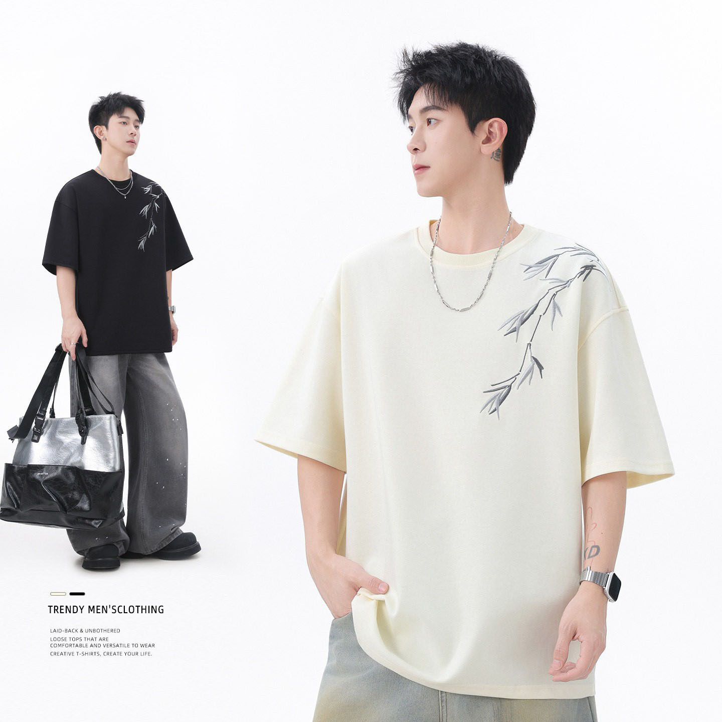 2026 New Chinese-style summer thin short-sleeved men's T-shirt with embroidery, loose and casual half-sleeved men's round-neck top