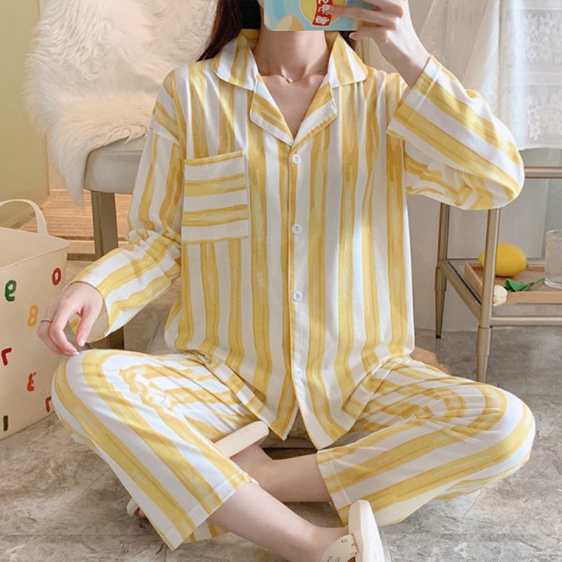 韩版ins风黄白竖条纹睡衣女春秋季长袖长裤牛奶丝宽松大码家居服