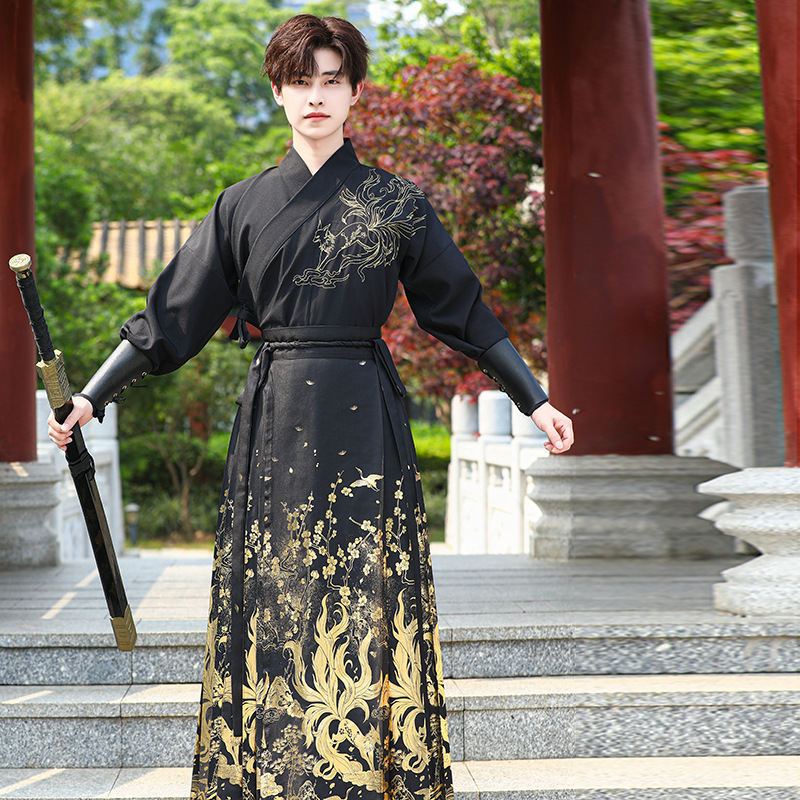 国潮中国风刺绣交领长袖上衣烫金马面裙汉服武侠风cp套装