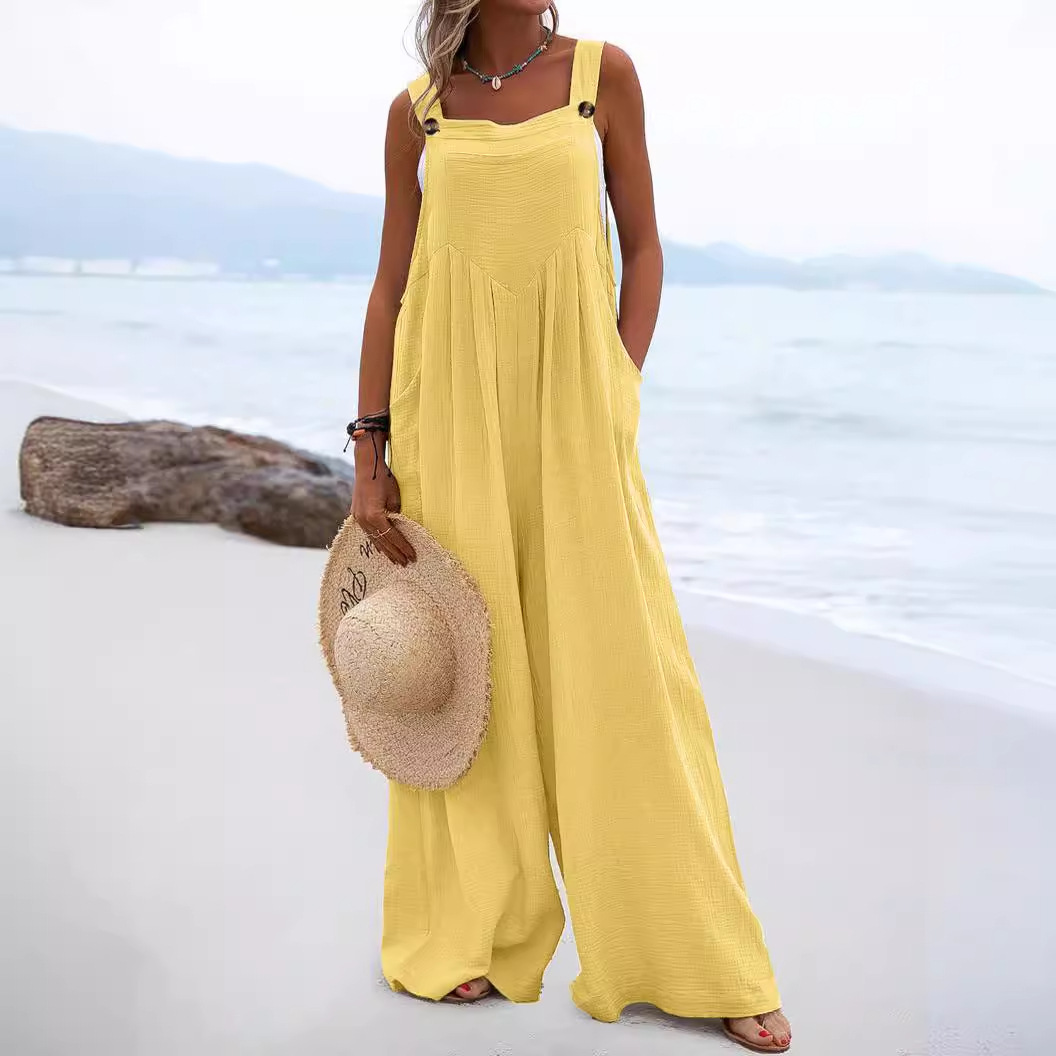 Wholesale of new Amazon best-selling women's clothing with ethnic style, fashionable buttons, solid color, wide-leg jumpsuits from Europe and America at the source Application Scenario