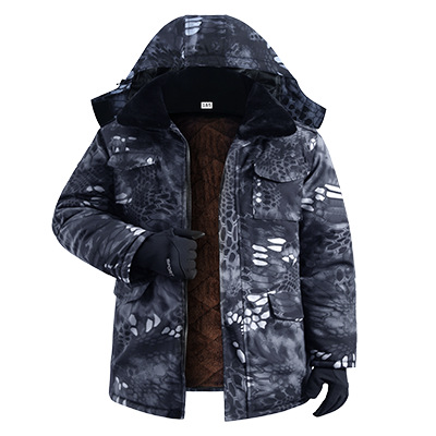Winter cotton-padded jacket for men, thickened with fleece, camouflage, mid-length, cold storage construction site cold-proof clothing, labor protection, off-season work cotton-padded jacket