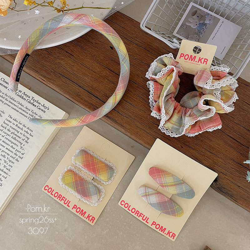 Spring new colorful checkered hair clips, fabric children's sweet and broken bangs clips, girl's large intestine hair bands and headbands Specification image