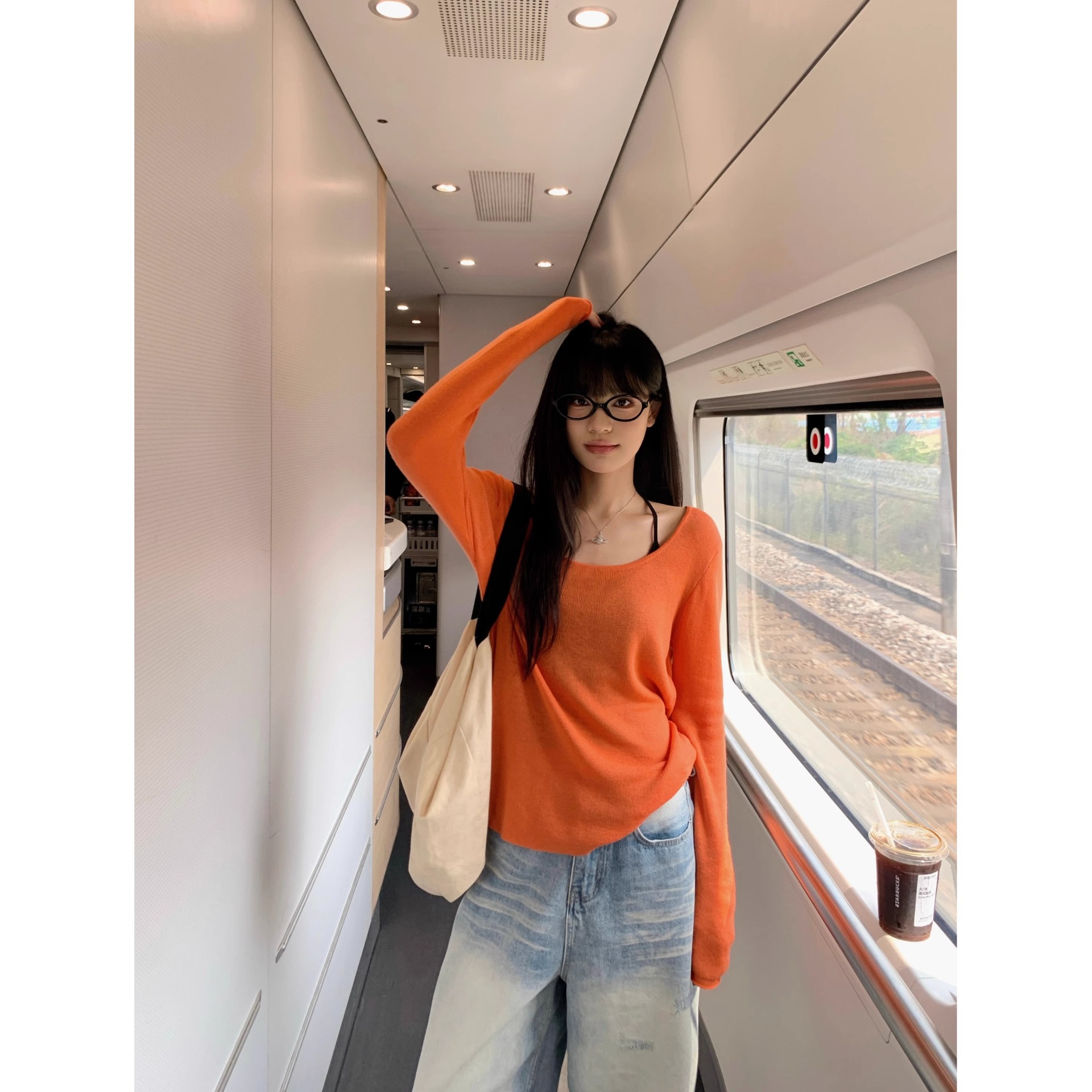 2025夏纯欲橘色薄款长袖防晒罩衫T恤女夏季辣妹宽松休闲露肩上衣产品图