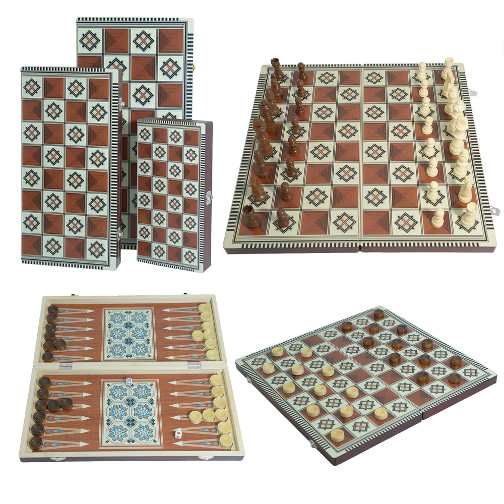 Wholesale of three-in-one wooden chess portable folding multi-size leisure and entertainment chessboards for foreign trade and intellectual gatherings
