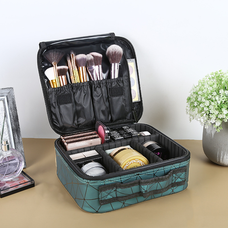Portable PU leather diamond-shaped partition makeup box, large-capacity waterproof makeup bag, makeup brush and cosmetics storage box details Picture