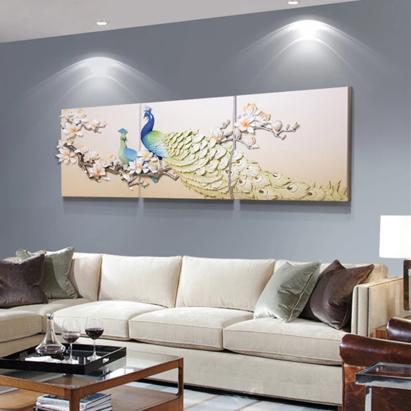 Fu escultura decoración 3D handmade tridimensional relieves pavo real tríptico moderno y simple sala de estar sofá fondo pintura decorativa de pared Application Scenario