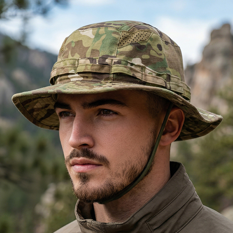跨境夏季新款登山野营钓鱼遮阳渔夫帽户外迷彩奔尼帽战术野战圆边