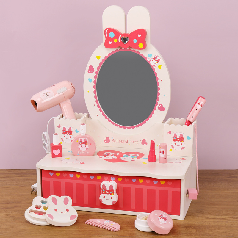 木质儿童兔子梳妆台化妆台木制仿真过家家玩具女孩小公主化妆品套