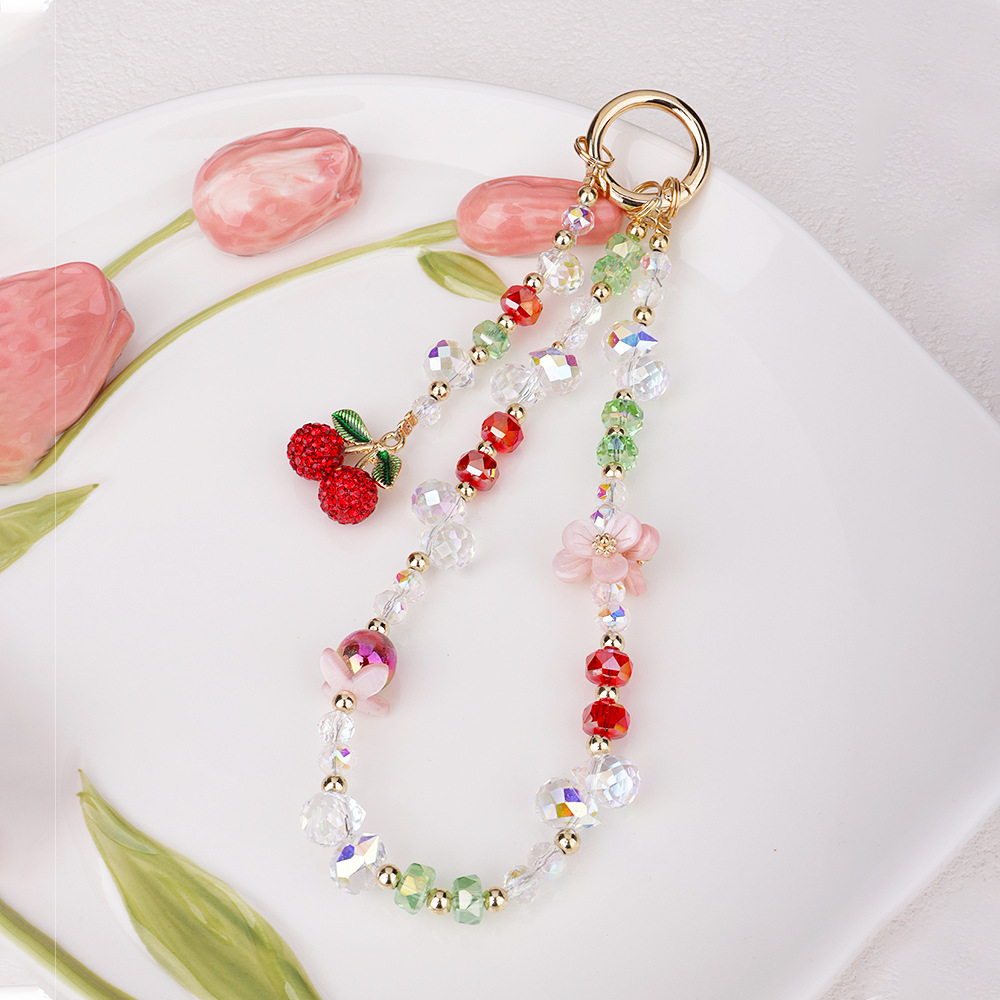 高级多彩水钻珠子手机链手提镶钻樱桃水晶串珠挂链手机挂饰防摔链