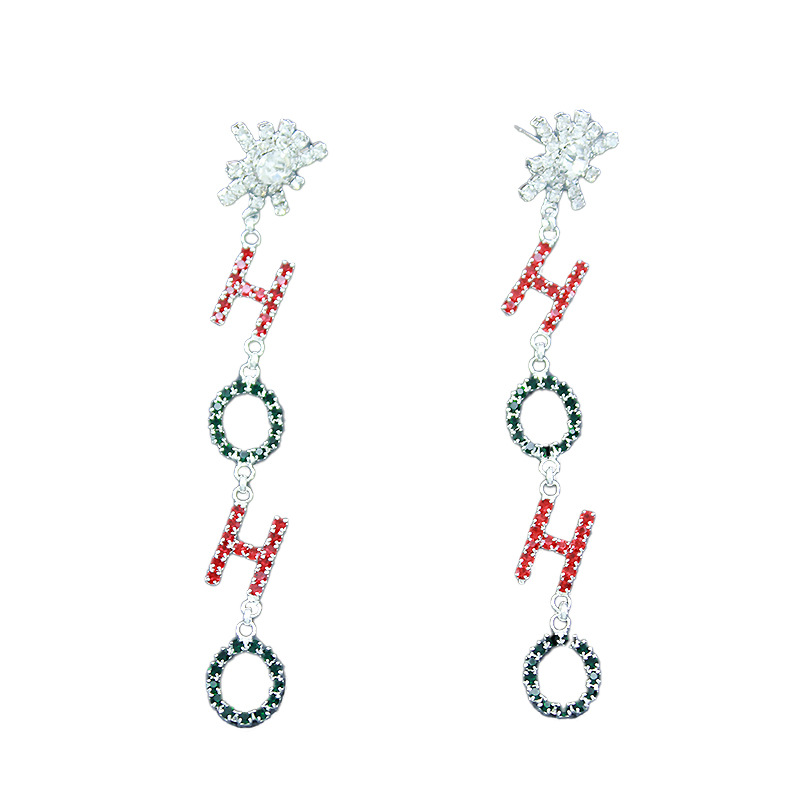 欧美跨境圣诞节长款字母HOHO水钻耳环雪花吊坠耳饰女节日彩色配饰