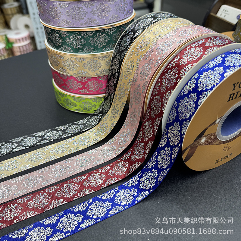 2.5cm图腾镭射烫银丝带吧唧托手工diy彩带鲜花礼品包装蝴蝶结织带