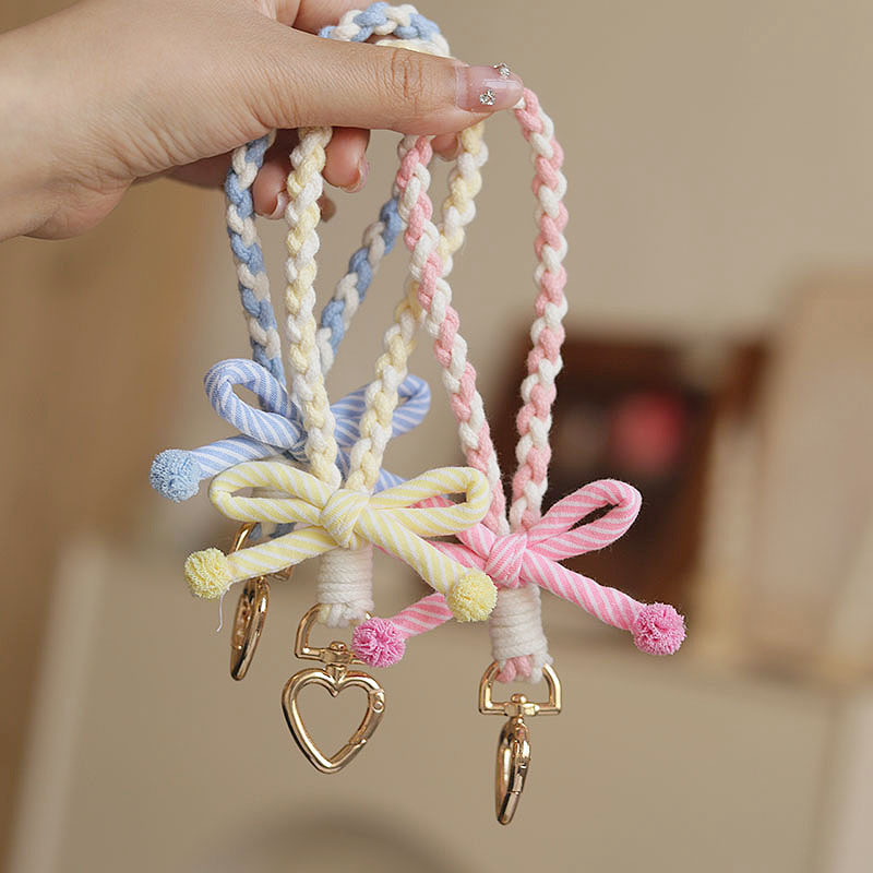 Original design 2025 Spring/Summer new striped bow keychain cute girl candy-colored mobile phone wrist strap details Picture