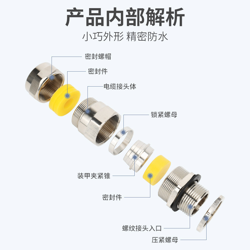 Indete metal armored explosion-proof grand head cable waterproof connector, nickel-plated brass double seal M20 stuffing box Specification drawing