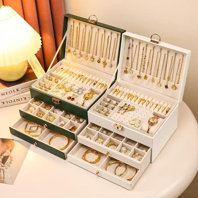 首饰盒三层带锁精致皮革大容量多层收纳首饰多功能家用防尘批发