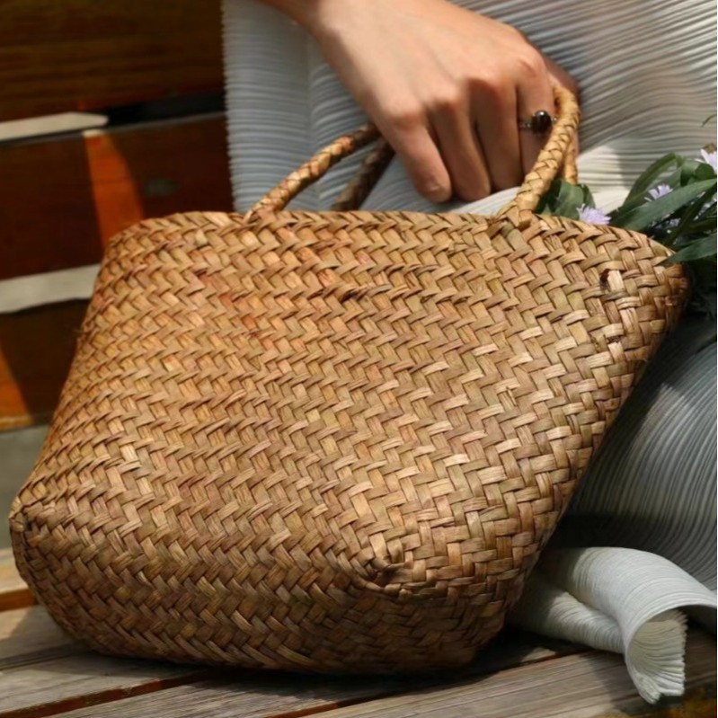 网红款编织手提包小众女包旅游度假小清新凹造型手工草编收纳细节图