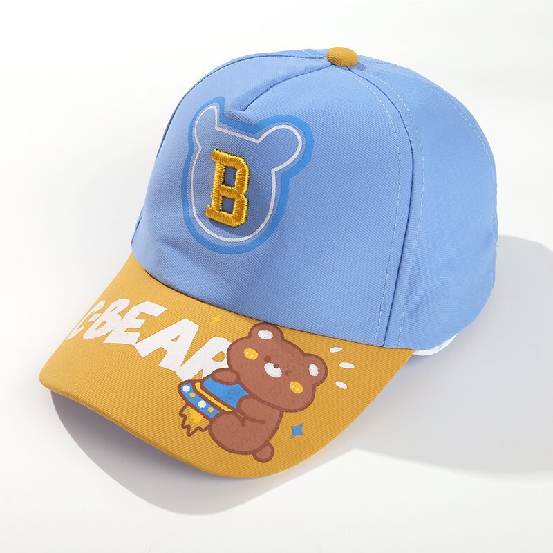 新款卡通拼色男孩棒球帽可爱字母小熊男女童鸭舌帽遮阳出游宝宝帽白底实物图