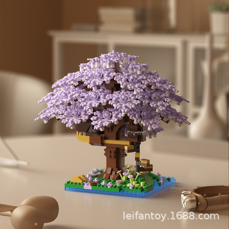 Cross-border compatible LEGO cherry Blossom Tree house street view model ornaments, educational building blocks, children's toys, girls' gifts details Picture