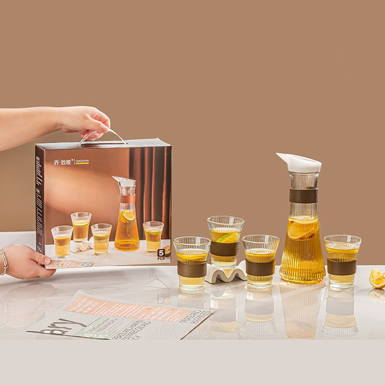Transparent cold water bottle, juice pot, glass water set, five-piece set, glass cup, practical wedding gift for sale details Picture