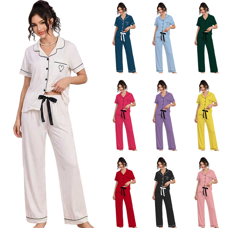 亚马逊欧美家居服套装翻领开衫短袖长裤爱心绣花睡衣女外贸独立站