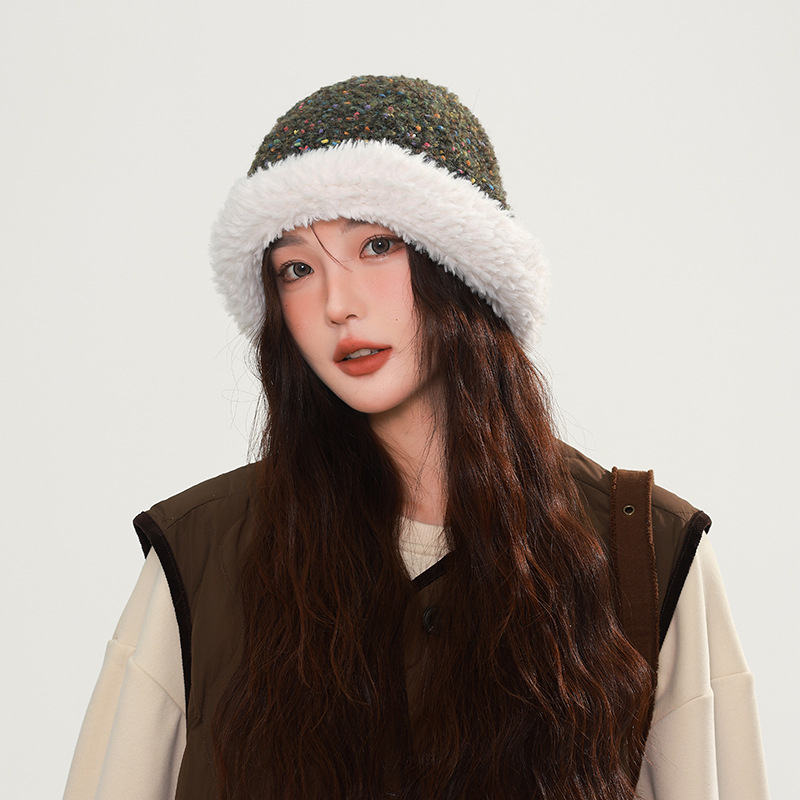 彩虹糖毛线帽子女秋冬女显脸小针织帽保暖渔夫韩版百搭毛毛水桶帽
