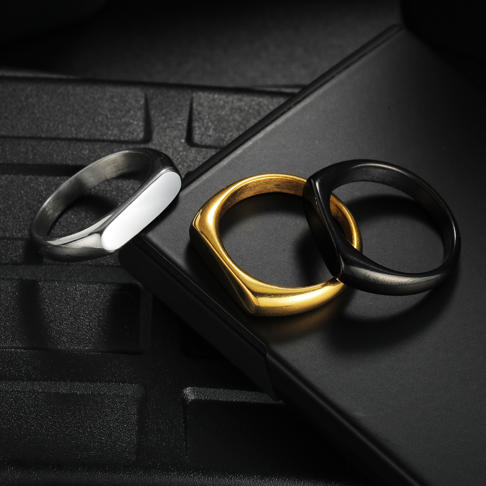 女士4MM铸造长条印章戒指钛钢指环亚马逊爆款女戒婚戒欧美饰品