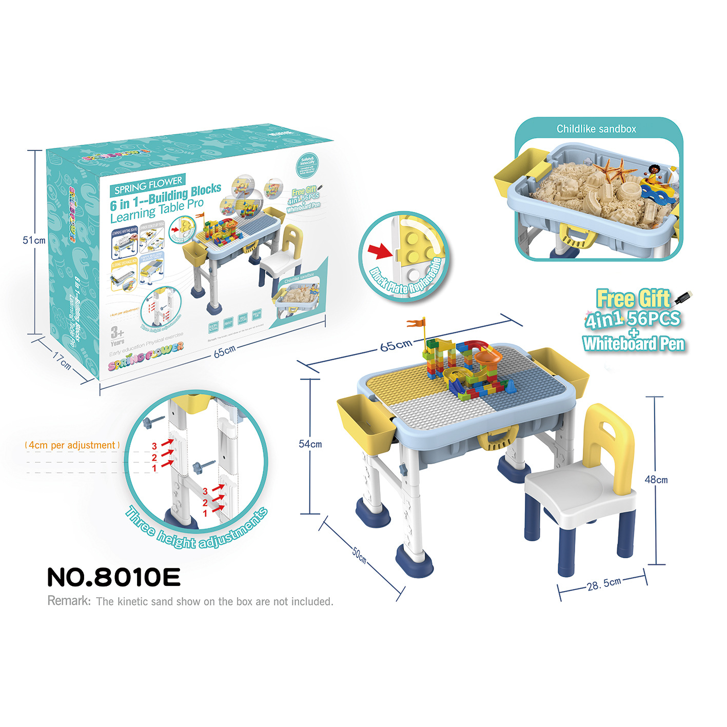 Children's 6-in-1 building block table compatible with large particle assembly, educational toys, multi-functional lifting and storage, learning and playing table