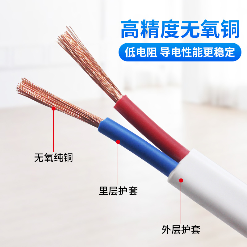 Pure copper wire, 2-core 1.5, 2.5, 4, 6 square sheathed wire, household power cord, white parallel cable, flexible wire details Picture