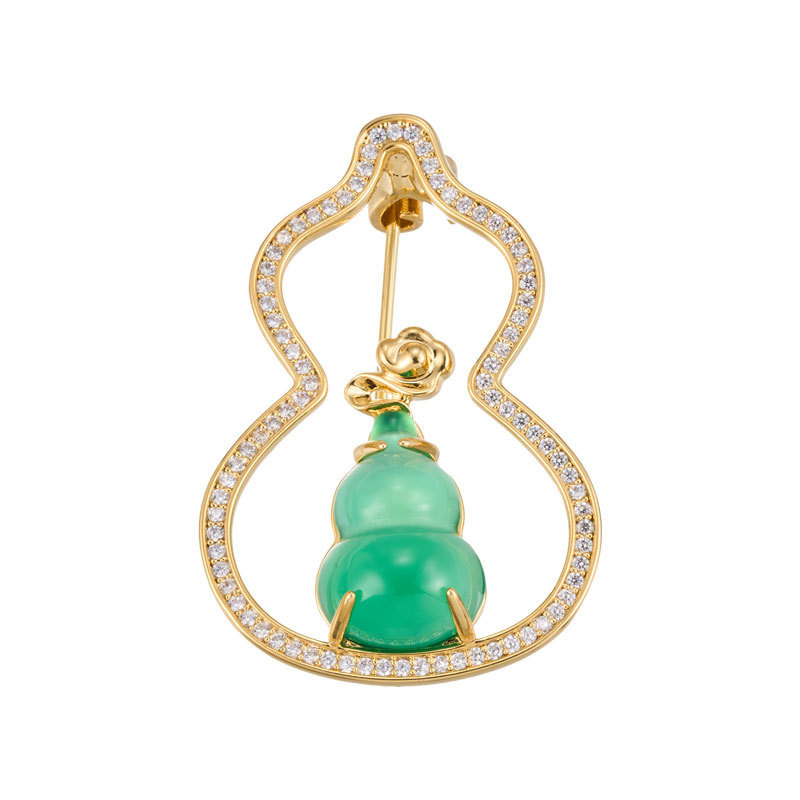 Original design of new Chinese-style national trend gourd brooch, copper alloy, real gold electroplated and inlaid zircon green chalcedony exquisite brooch Item Picture