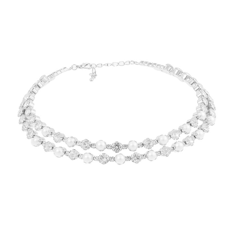 Cross-border European and American trend necklaces, full diamonds and rhinestones, two rows of pearl elastic , bride wedding dress accessories, exquisite diamond-encrusted, adjustable opening necklaces wholesale Item Picture