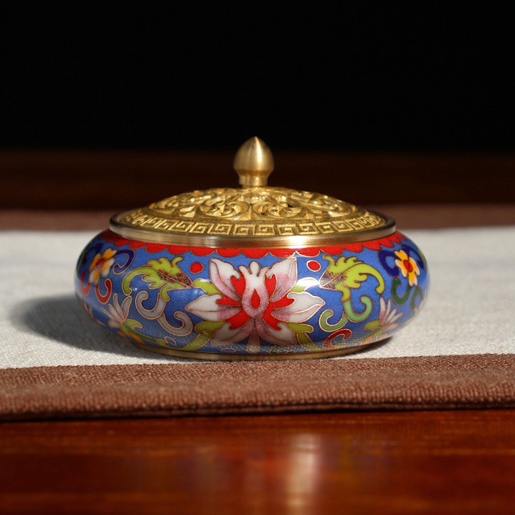 现货批发景泰蓝香熏炉佛具传统铸铜掐丝低温珐琅仿古扁炉