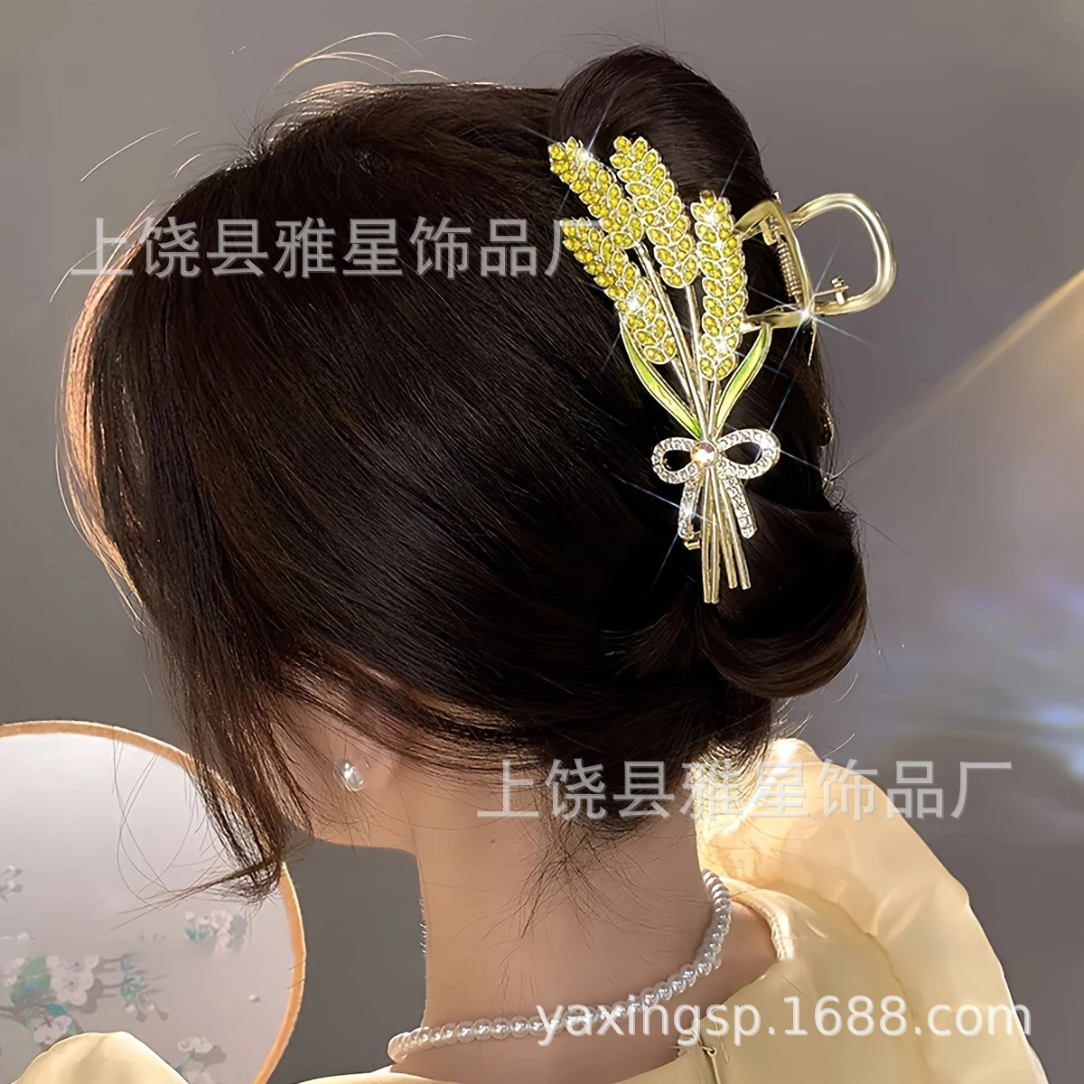 The new golden wheat ear champagne rhinestone princess headwear hairpin is grand and super sparkling crystal, luxurious goddess hairpin headwear