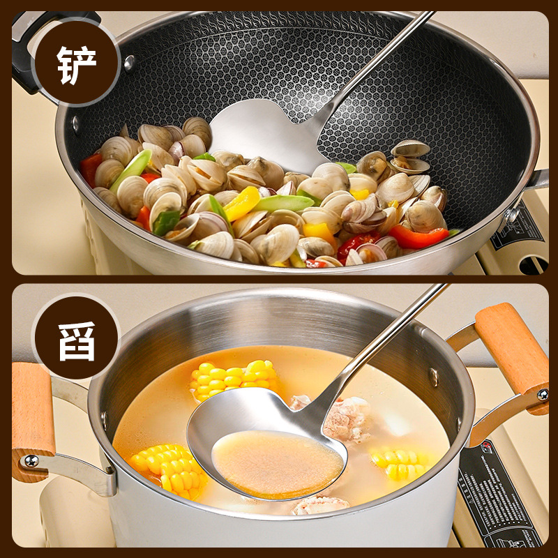 304 stainless steel mushroom spatula for household kitchen, wooden handle stir-frying spatula, sandalwood high-temperature resistant and anti-slip cooking pot spatula Specification image