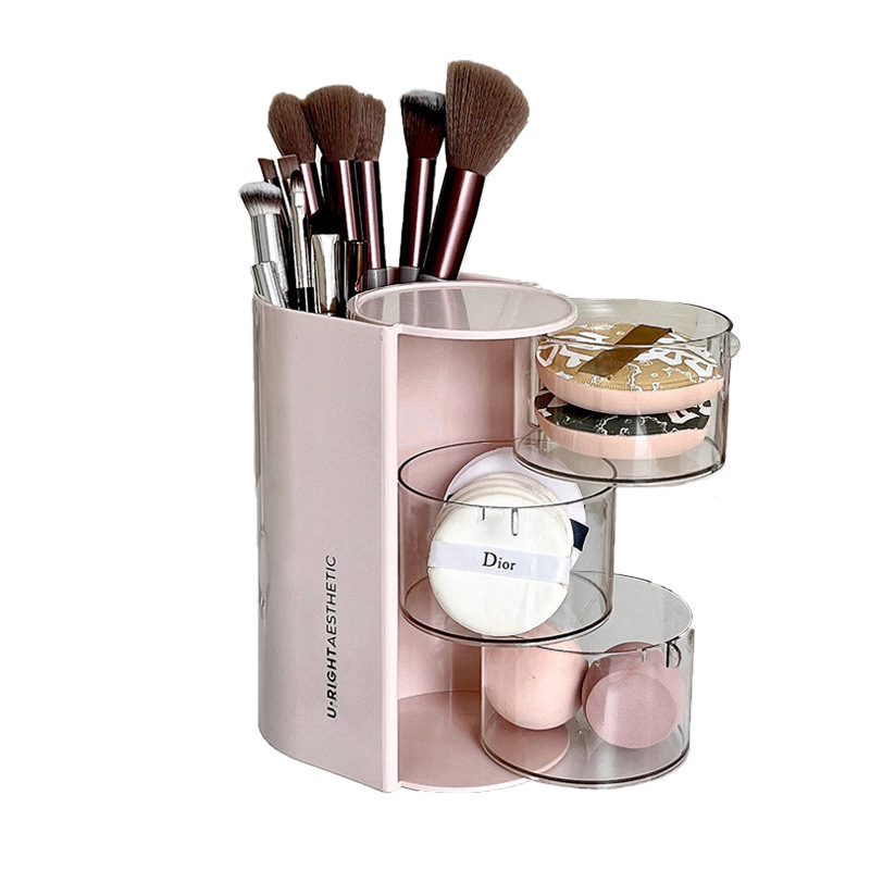 Powder puff desktop storage box, rotating dust-proof dressing table, desktop beauty egg cushion, lipstick, makeup brush storage cylinder Item Picture