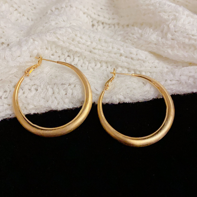 s925 Silver needle personalized, fashionable and simple metal brushed circle earrings, versatile and elegant, light luxury and cold style ear rims details Picture