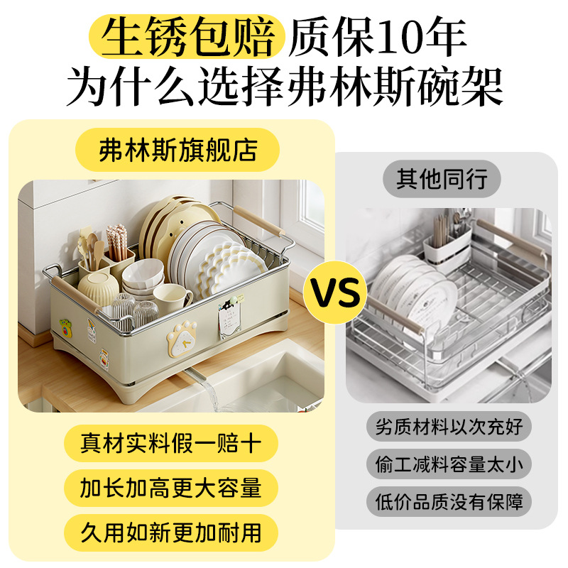 Chuangshengtian factory direct sales kitchen double-layer storage rack, thickened stainless steel anti-rust draining rack, edge-wrapped dish rack details Picture