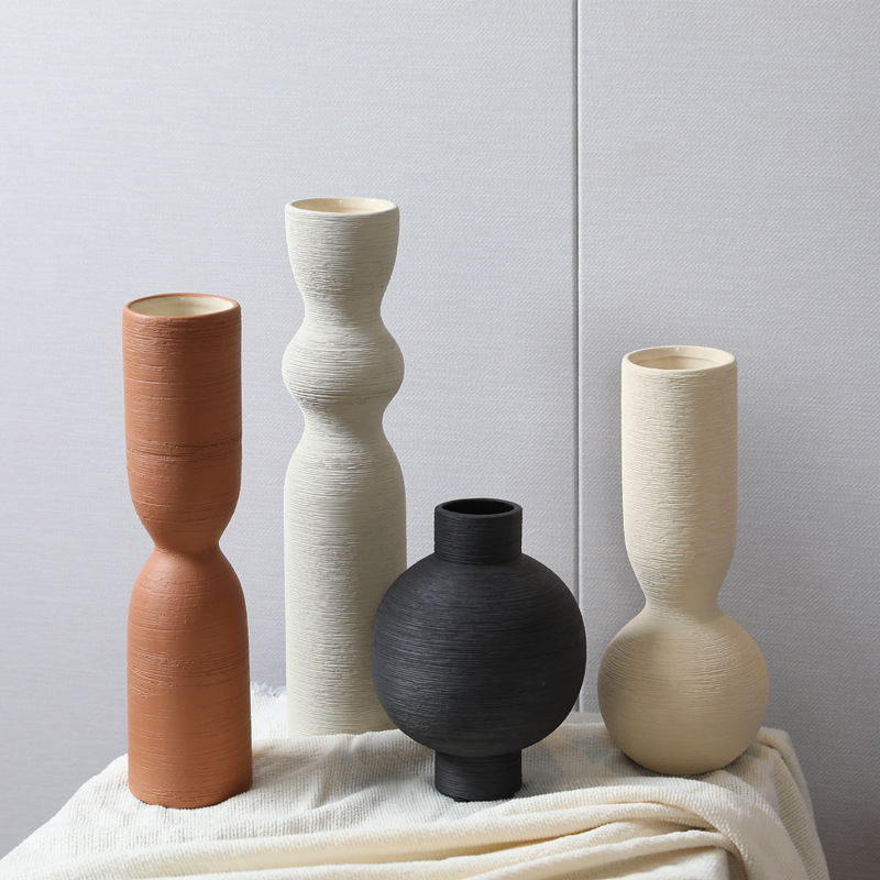 2026现代简约陶瓷花瓶摆件创意家居素烧白色花插条纹花器桌面